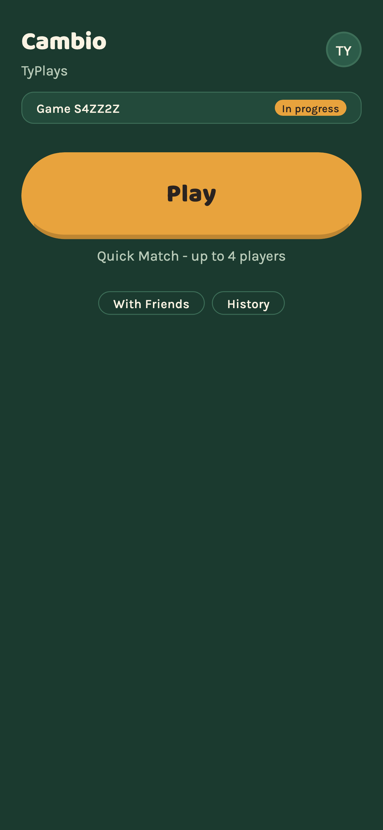 Cambio's home screen, showing the Play button and match history
